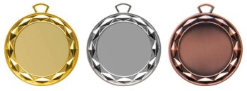 Zamak Gold-Silber-Bronze Medaille, 70mm Ø, m. Band und eigenem Logo/Emblem, (unmontiert)