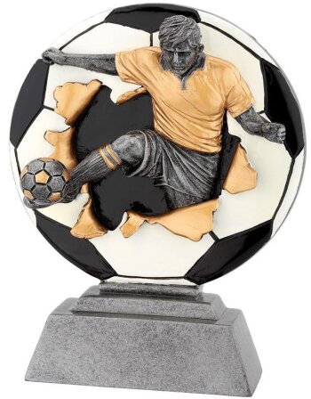 Fußballer springt aus Ball-Resin-Pokal, Antik-Silber/Gold, 13,5x9,5 cm