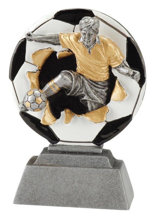 MINI-Fußballer springt aus Ball-Resin-Pokal, Antik-Silber/Gold