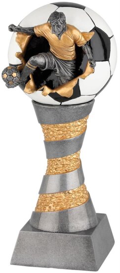 Fu&szlig;baller springt aus Ball | 3D-Resin-Pokal, Multi, 23,5x9 cm