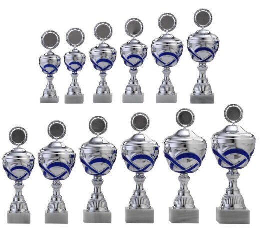 4007.1-12 12er Pokalserie mit Deckel, Silber/Blau, 26-27-29-30-32-34-35-37-38-40-41 u. 43 cm
