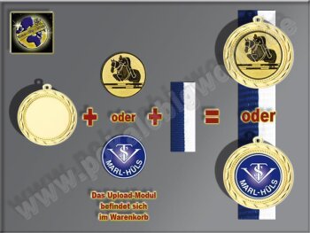 D45.01   Gold-Medaille, 50mm Ø, m. Band und eigenem Logo/Emblem, (unmontiert)